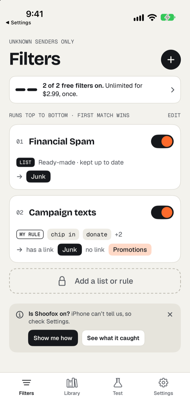 The Shoofox Filters screen with Financial Spam and a Campaign texts rule turned on