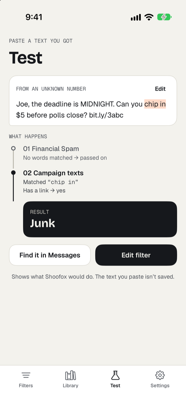 The Test screen tracing a campaign text through each filter to Junk